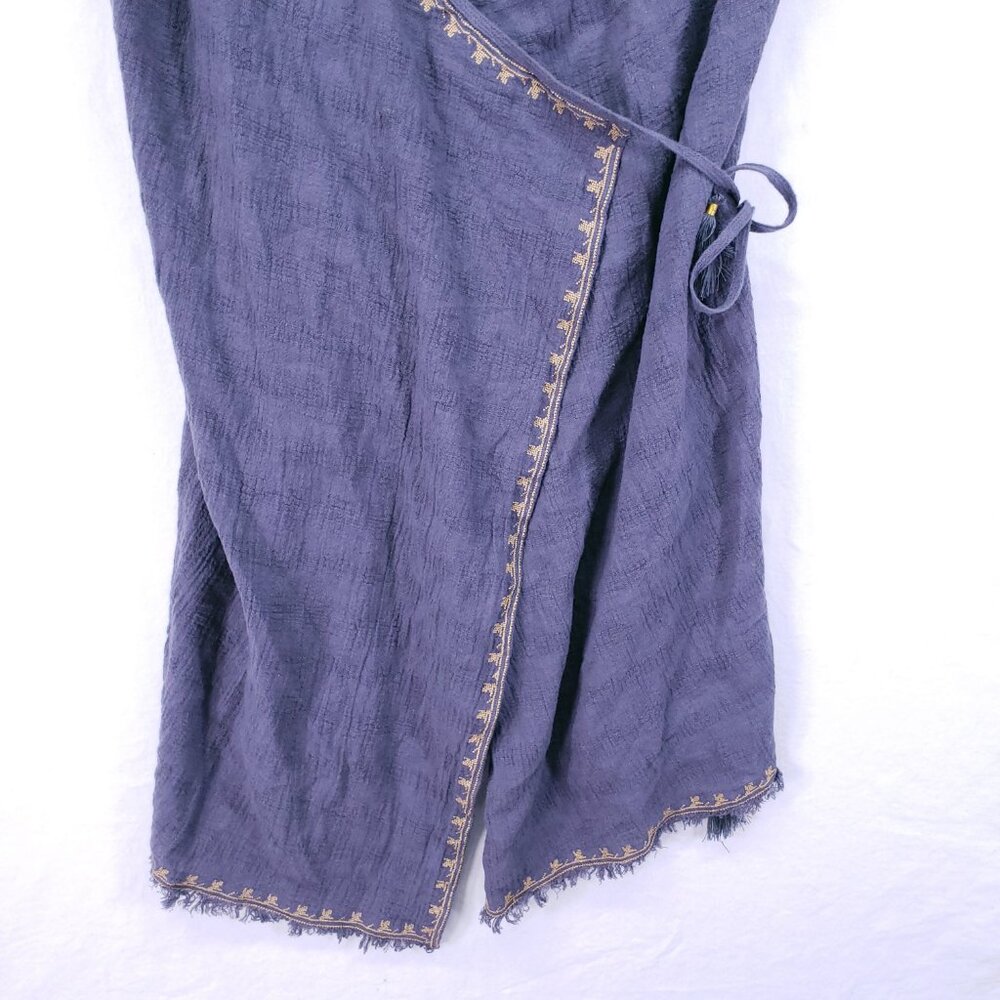 Wrap Designed in London Blue Gray Linen Blend Embroidery Wrap Mid Dress 8 - Picture 8 of 16